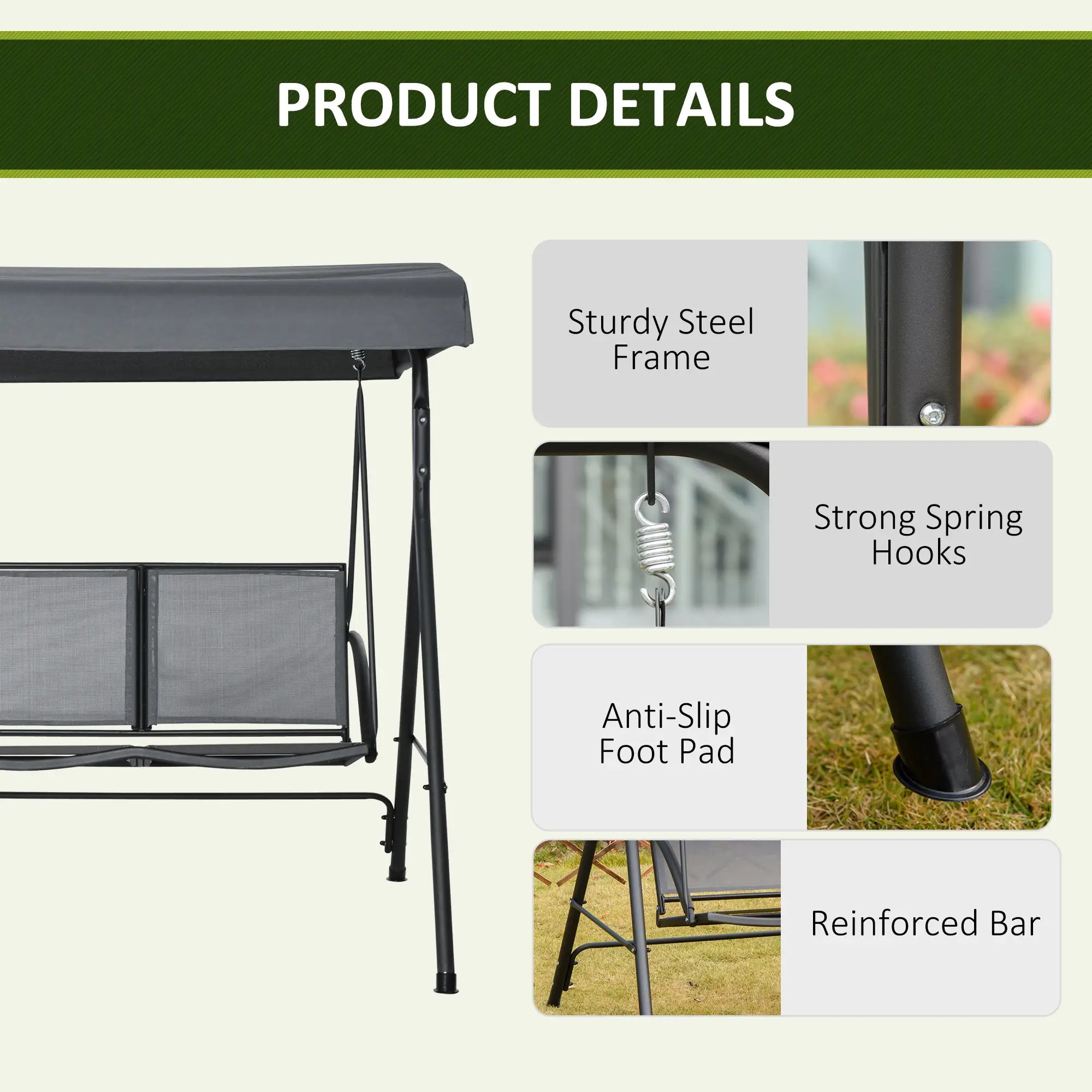 2-Seat Patio Swing Chair, Outdoor Porch Glider With Canopy, Dark Grey Porch Swings with Canopy at Gallery Canada
