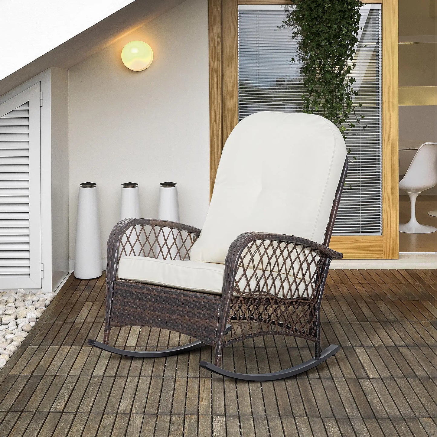 Rattan Rocking Chair, Outdoor Wicker Patio Furniture with Cushions, Cream White Outdoor Rocking Chairs at Gallery Canada