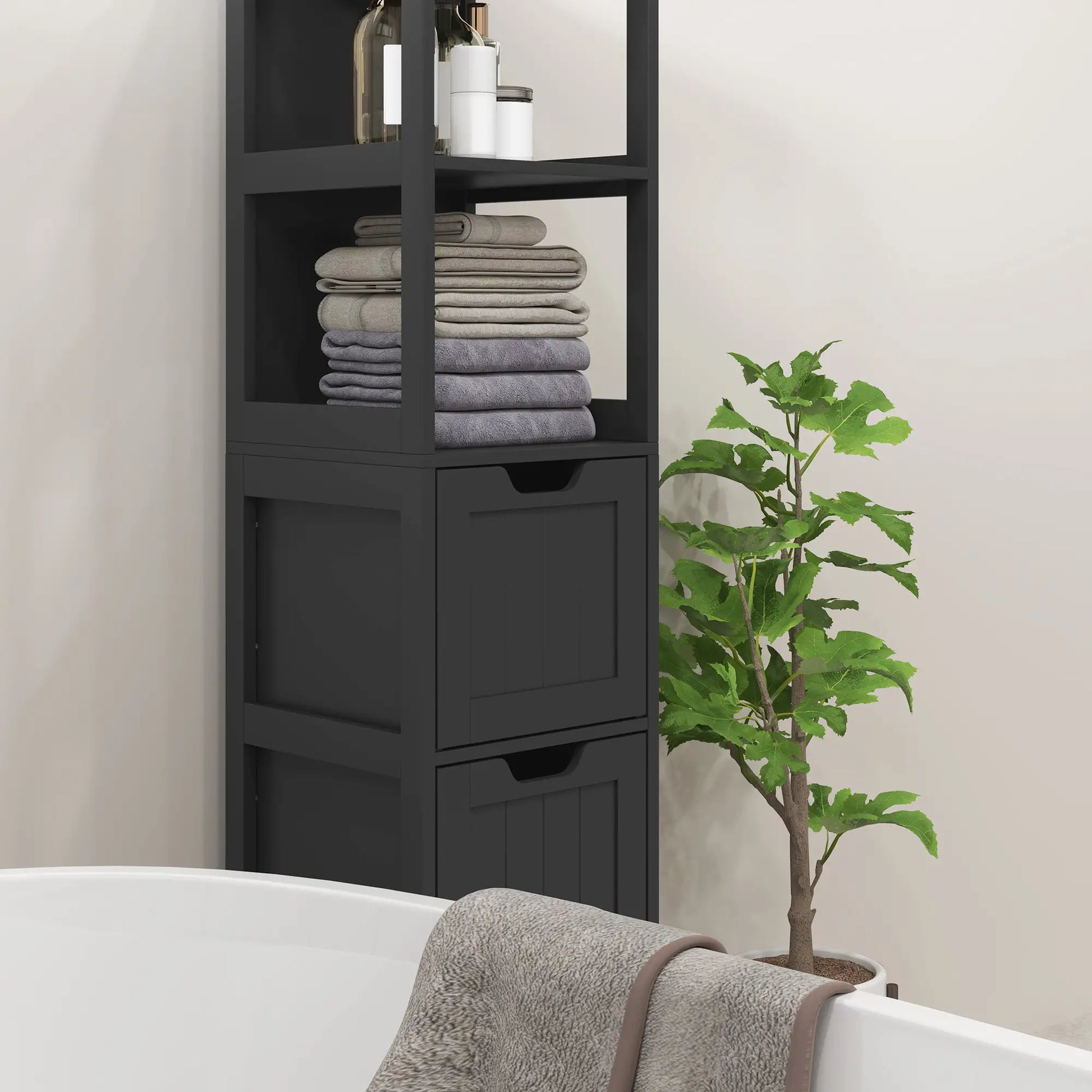 Narrow Bathroom Cabinet, 3 Drawers, 2 Tier Shelf, Tall Cupboard, Black Bathroom Cabinets at Gallery Canada