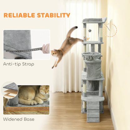 67" Large Cat Tree with 7 Scratching Posts, Tunnel, 2 Condos, Hammock, Perch, Ramp, Pompoms, Light Grey