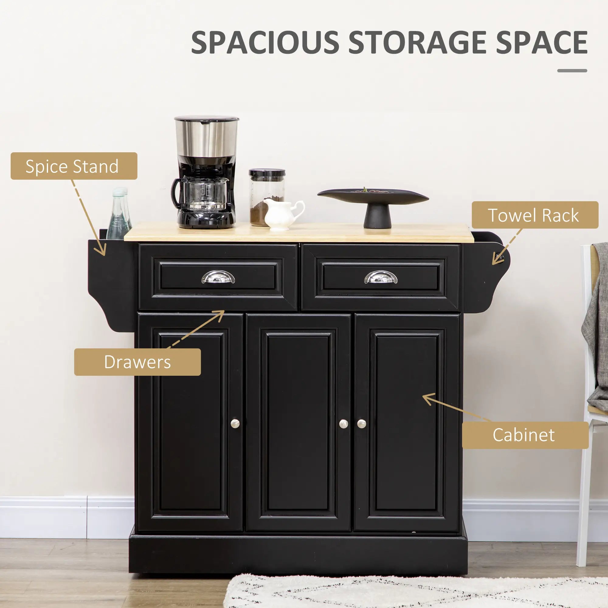 Kitchen Island with Storage, Rolling Cart, Rubber Wood Top, Black Kitchen Islands & Kitchen Carts at Gallery Canada
