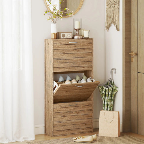 Shoe Storage Cabinet, 3 Flip Drawers, 12 Pair Organizer, Oak