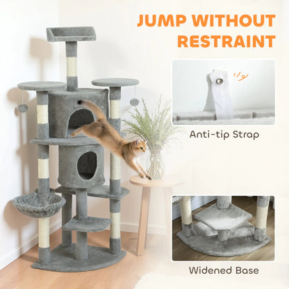 62" Cat Tree With Scratching Post, 2 Condos, Hammock, Light Grey