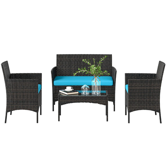 Wicker Outdoor Patio Furniture Set, 4 Pieces, Turquoise
