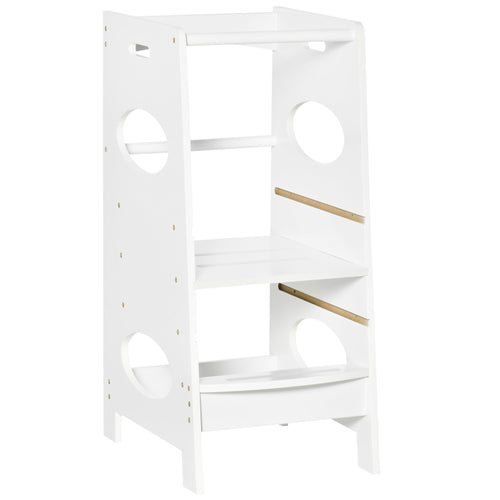 Toddler Tower Kitchen Step Stool with 3-Level Adjustable Height, Kids Step Stool with Safety Rail and Heavy-Duty Structure, White