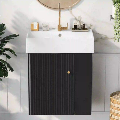 Floating Bathroom Vanity, Ceramic Basin, Right Storage, 21.5" L x 12" W x 26.5" H, Black+White Sink Cabinets at Gallery Canada