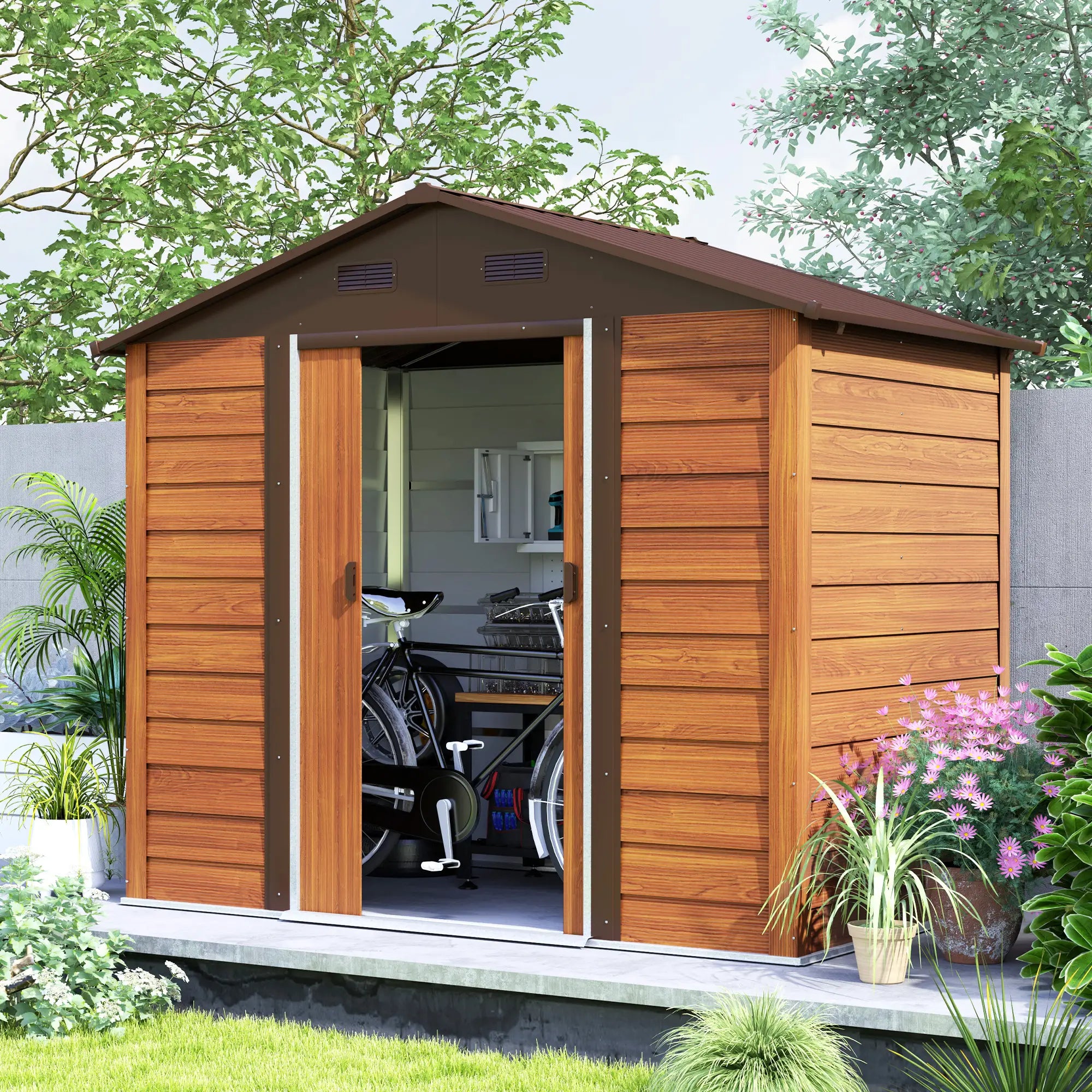 7.7' x 6.5' Metal Garden Shed, Ventilation, Dark Brown Wood Grain Sheds at Gallery Canada