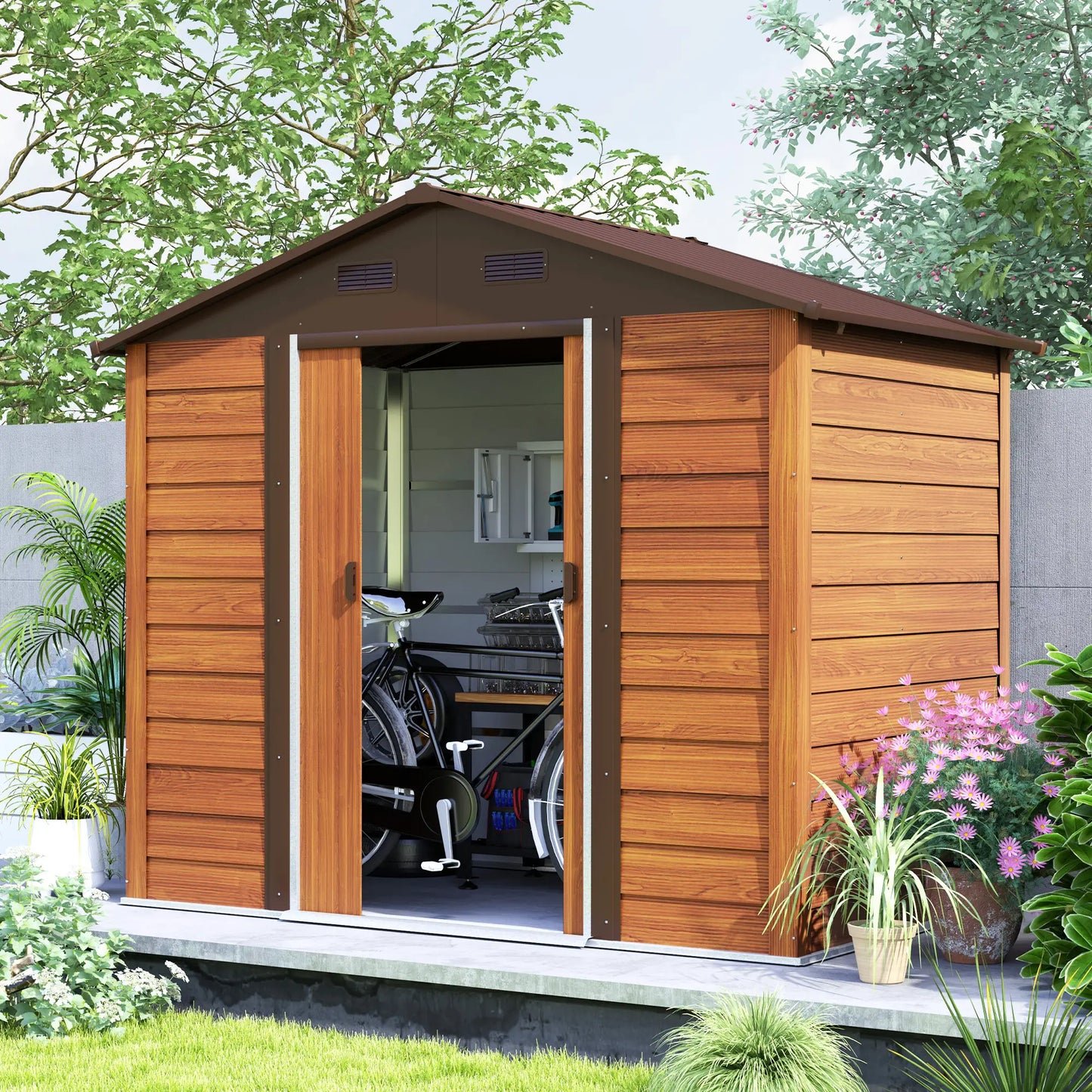 7.7' x 6.5' Metal Garden Shed, Ventilation, Dark Brown Wood Grain Sheds at Gallery Canada