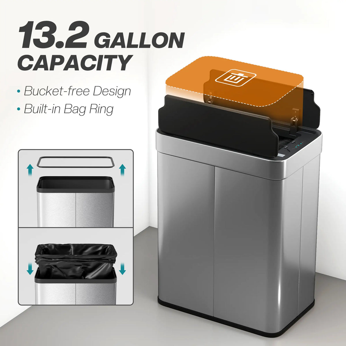 13.2 Gallon Sensor Can, Automatic Garbage Can, Soft Close Butterfly Lid, Fingerprint Proof Stainless Steel, Silver