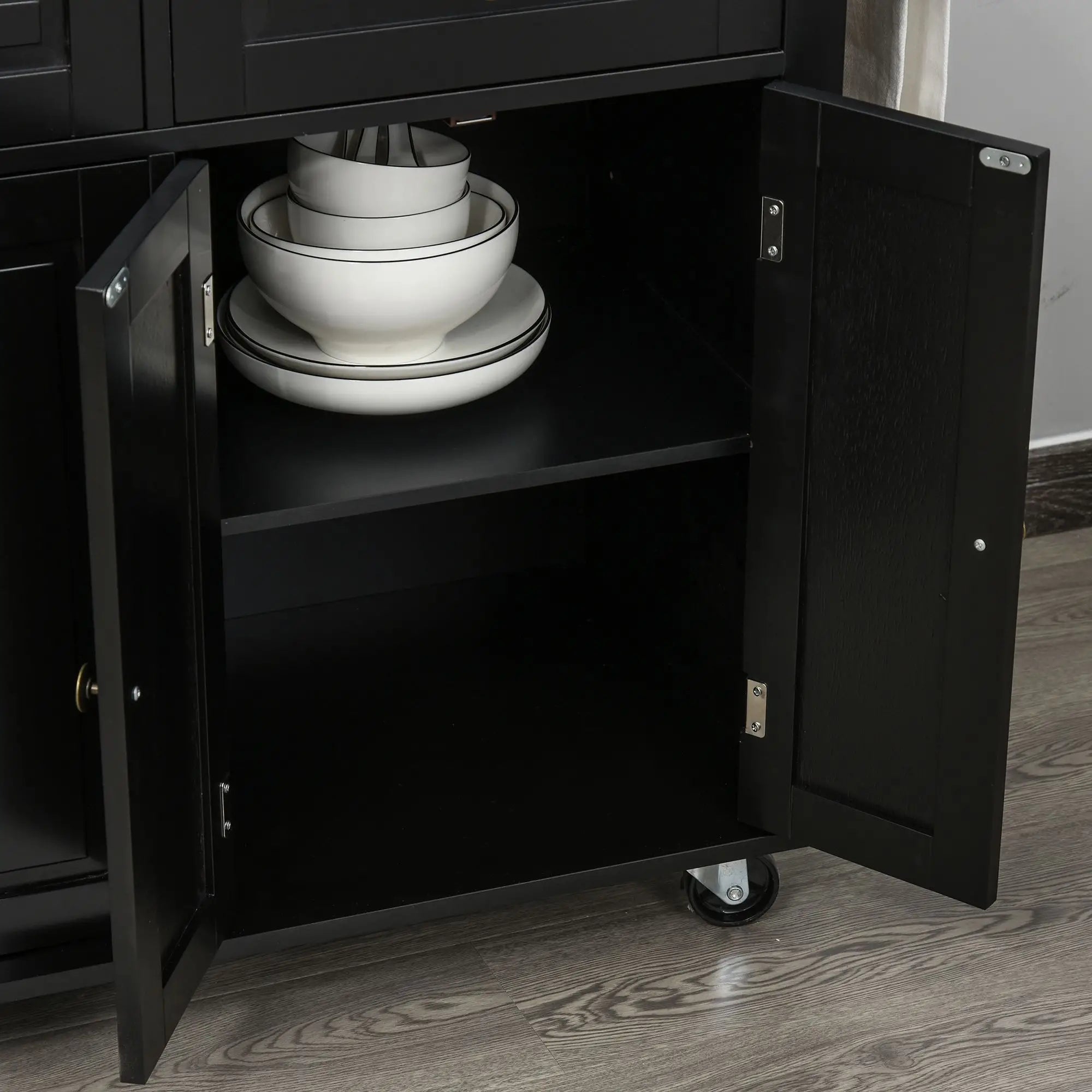 Kitchen Island with Storage, Rolling Trolley Cart with Rubber Wood Top, Spice Rack, Towel Rack, Black Kitchen Islands & Kitchen Carts at Gallery Canada