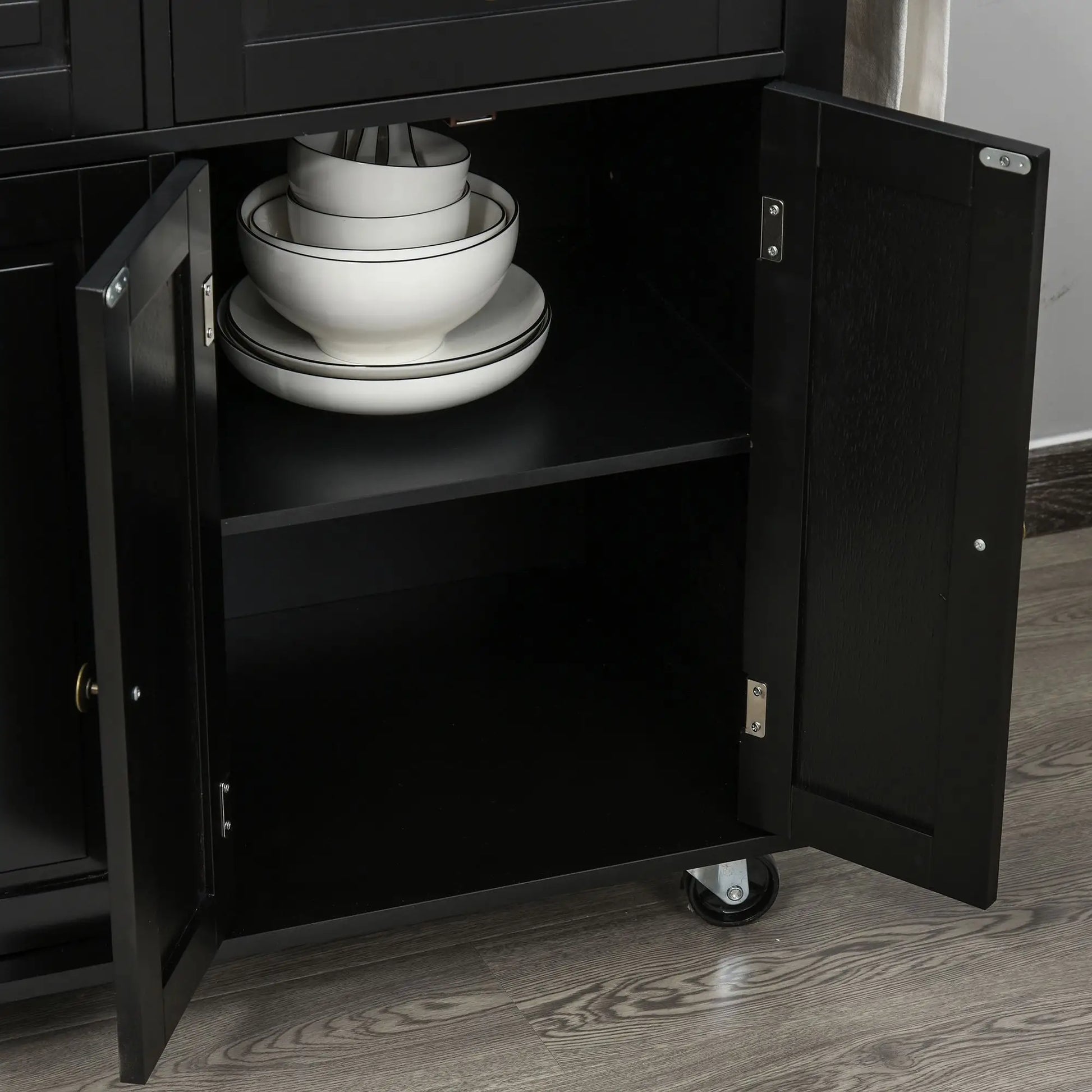 Kitchen Island with Storage, Rolling Trolley Cart with Rubber Wood Top, Spice Rack, Towel Rack, Black Kitchen Islands & Kitchen Carts at Gallery Canada