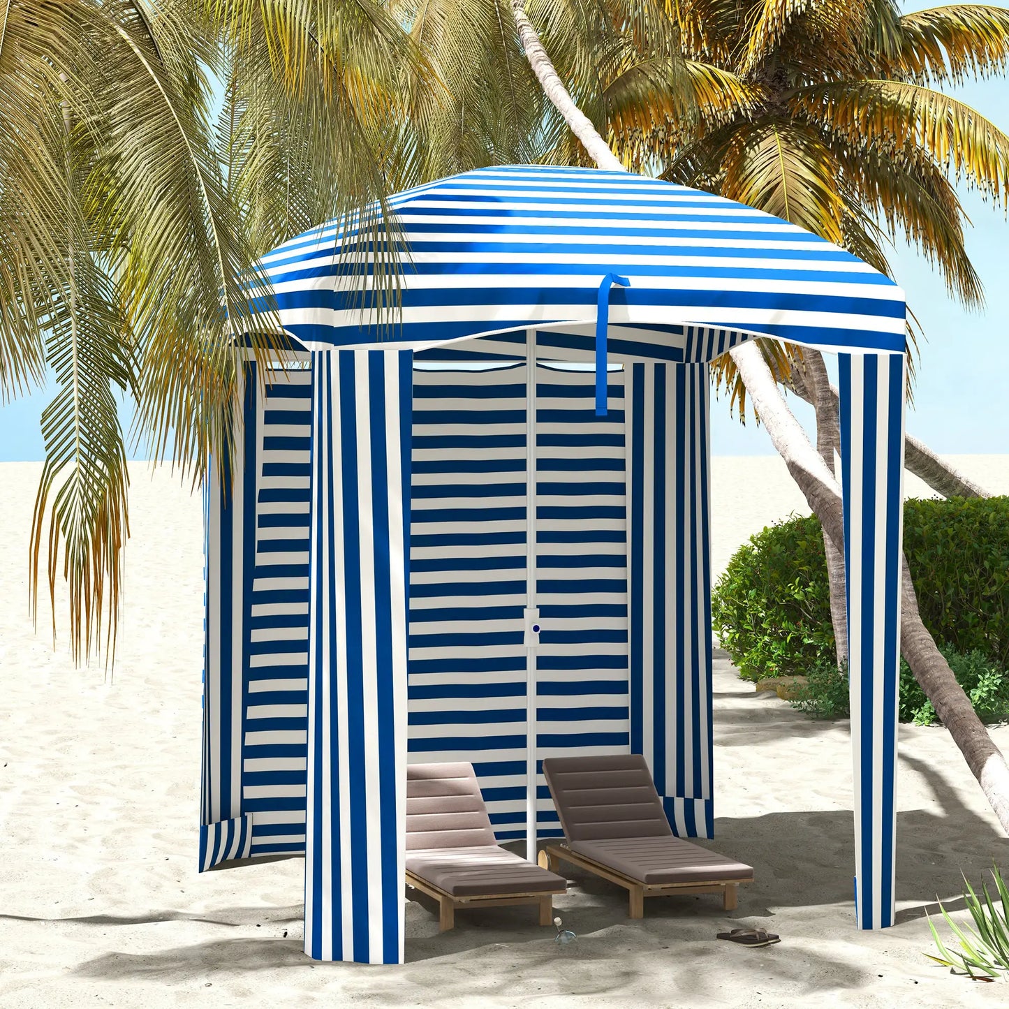 70.1" L x 70.1" W Cabana Umbrella With Walls, Vents, Ruffles, Carry Bag, Blue White Stripe
