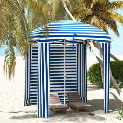 70.1" L x 70.1" W Cabana Umbrella With Walls, Vents, Ruffles, Carry Bag, Blue White Stripe