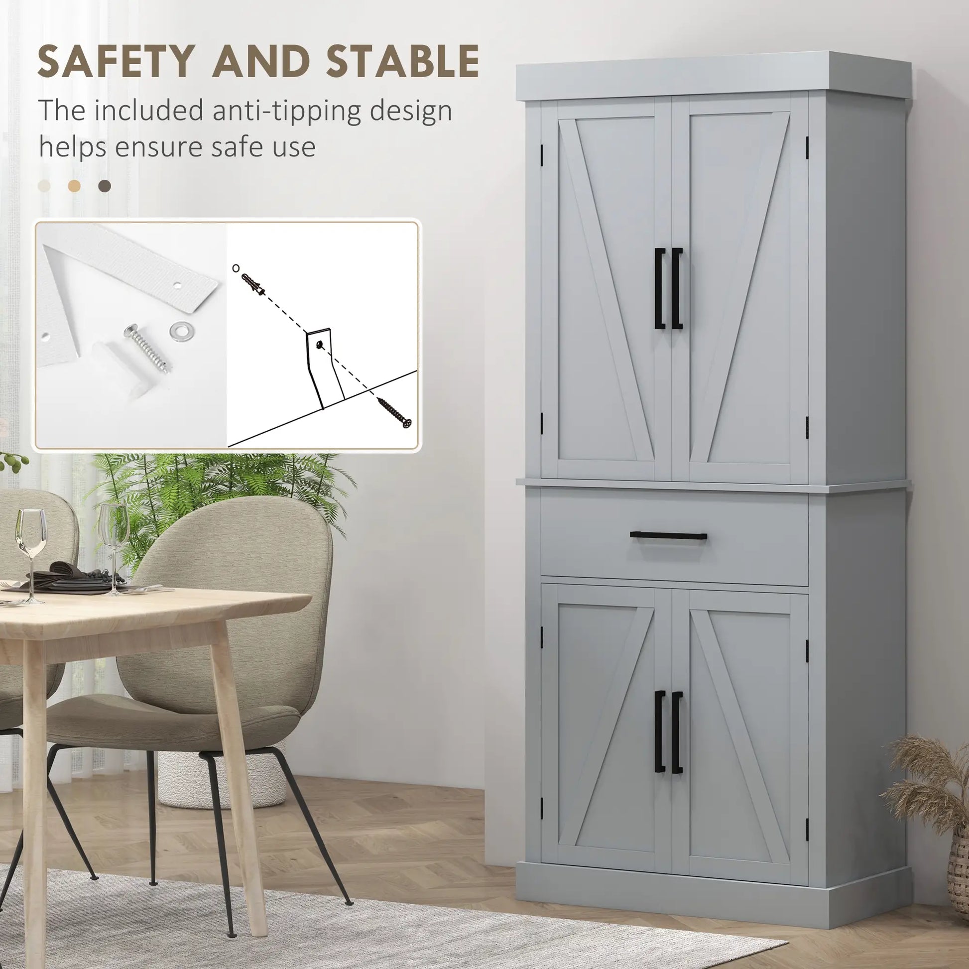 72" Kitchen Storage Cabinet, Farmhouse Pantry, 4 Barn Doors, Drawer, Adjustable Shelves, Grey Kitchen Pantry Cabinets at Gallery Canada