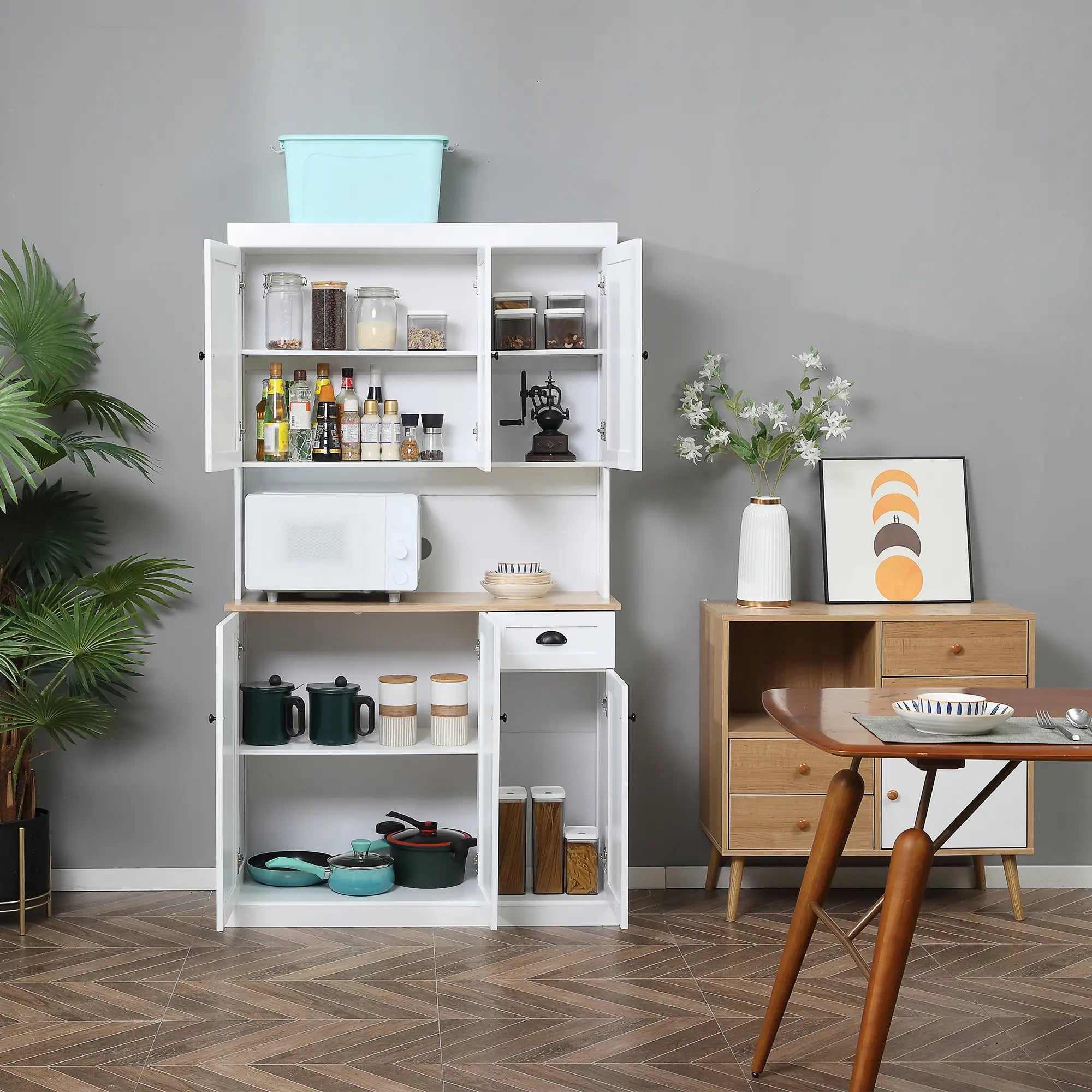 71 Kitchen Pantry Buffet, Hutch Storage Cabinet, Microwave Stand, Oak, White Kitchen Pantry Cabinets at Gallery Canada