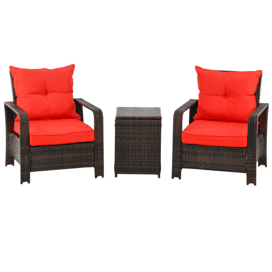 3 Pc Wicker Patio Set, Rattan Bistro with Storage Table, Thickened Cushions, Outdoor Garden Set, Red Bistro Sets Mixed Brown at Gallery Canada