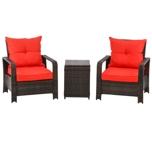 3 Pc Wicker Patio Set, Rattan Bistro with Storage Table, Thickened Cushions, Outdoor Garden Set, Red