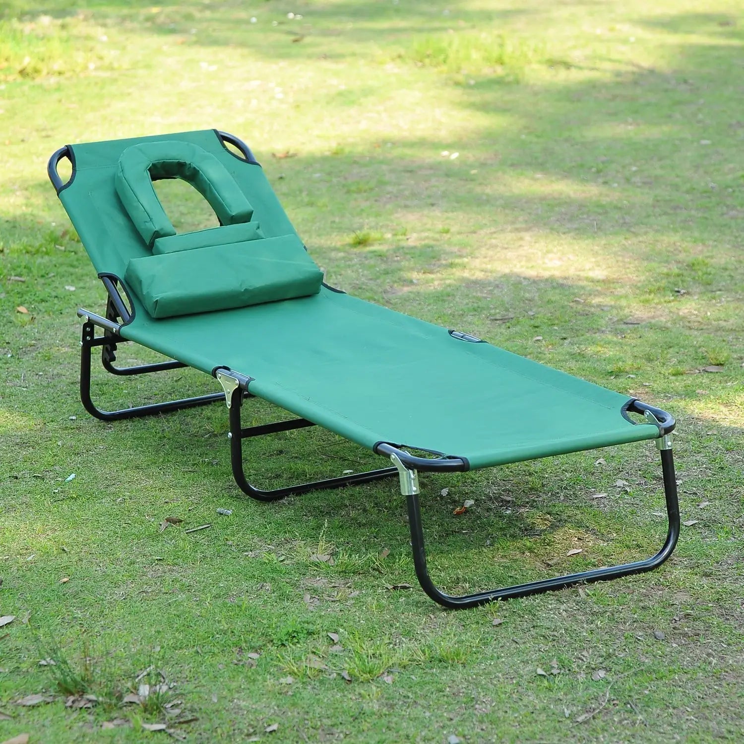 Folding Outdoor Lounge Chair, Portable Reclining Beach Lounger, Detachable Pillow, 3-Position Adjustable, Green Lounger Chairs at Gallery Canada