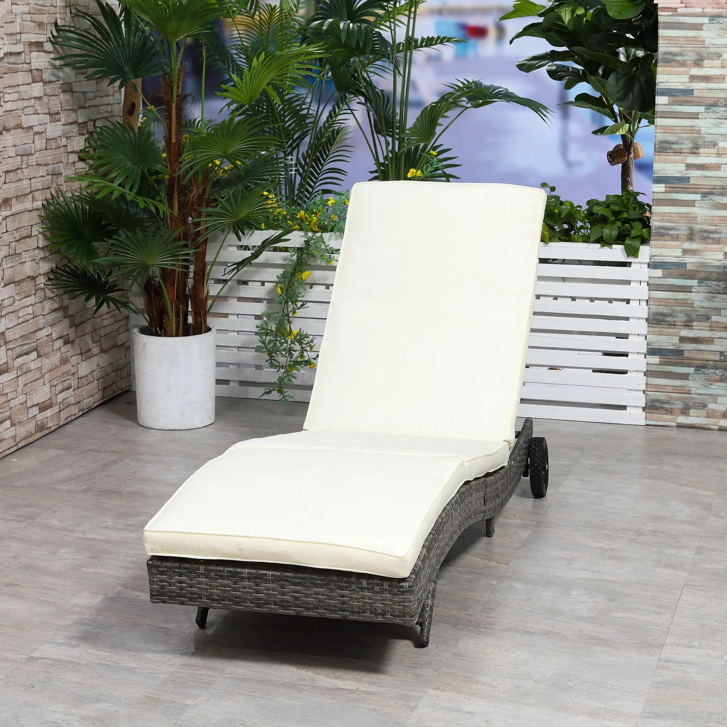 Adjustable Wicker Chaise Lounge with Cushion, Wheels, Cream White Chaise Loungers at Gallery Canada