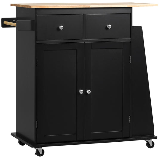 Rolling Kitchen Island Cart, Rubber Wood Top, 3-Tier Spice Rack, Black Kitchen Islands & Kitchen Carts Black, Nature at Gallery Canada