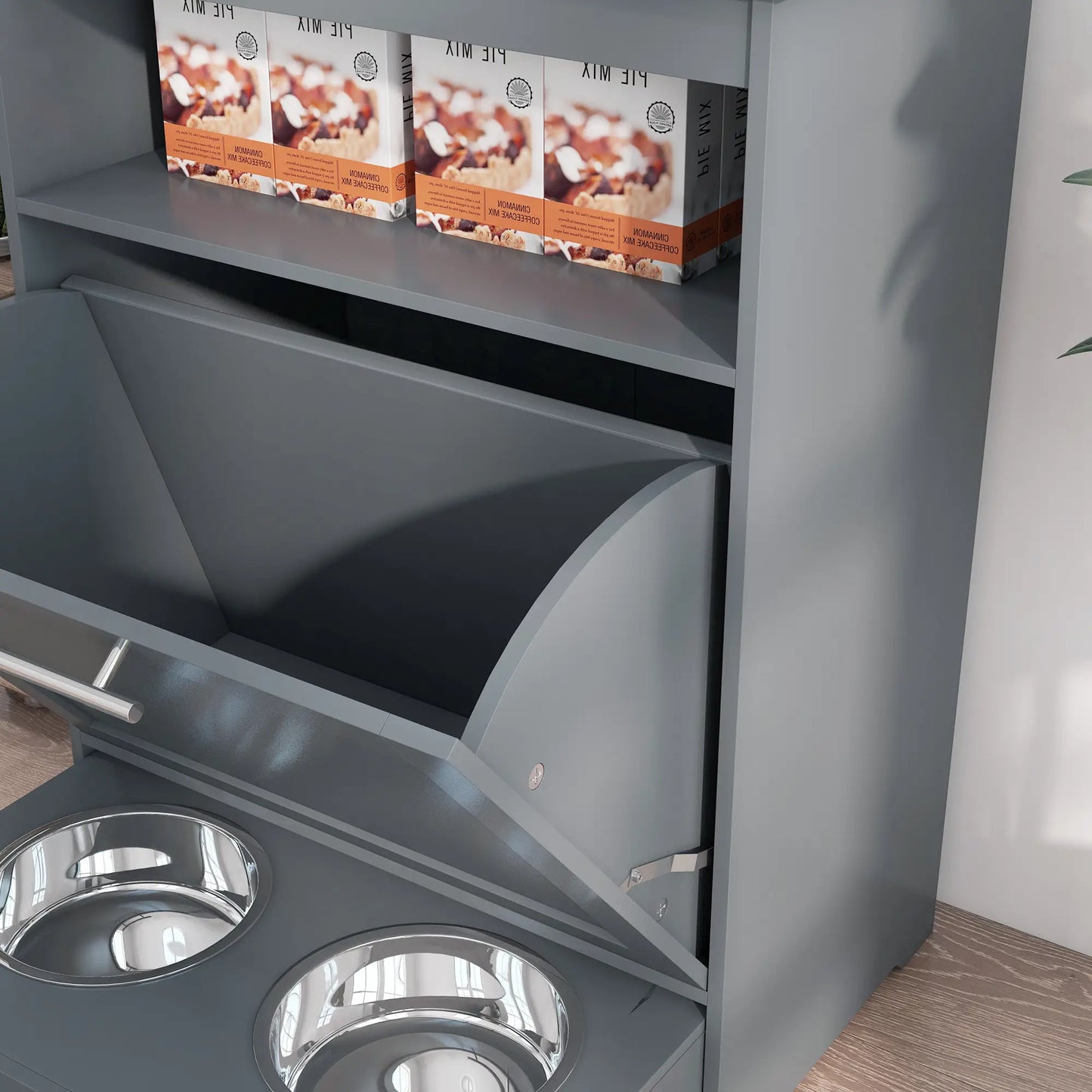 Pet Feeder Storage Cabinet, Dog Food Container with Bowls, Grey Dog Bowls at Gallery Canada
