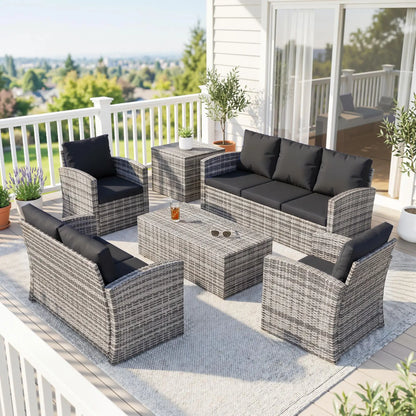 6-Piece Wicker Patio Furniture Set, 7-Seater with Cushions, Black Patio Furniture Sets at Gallery Canada
