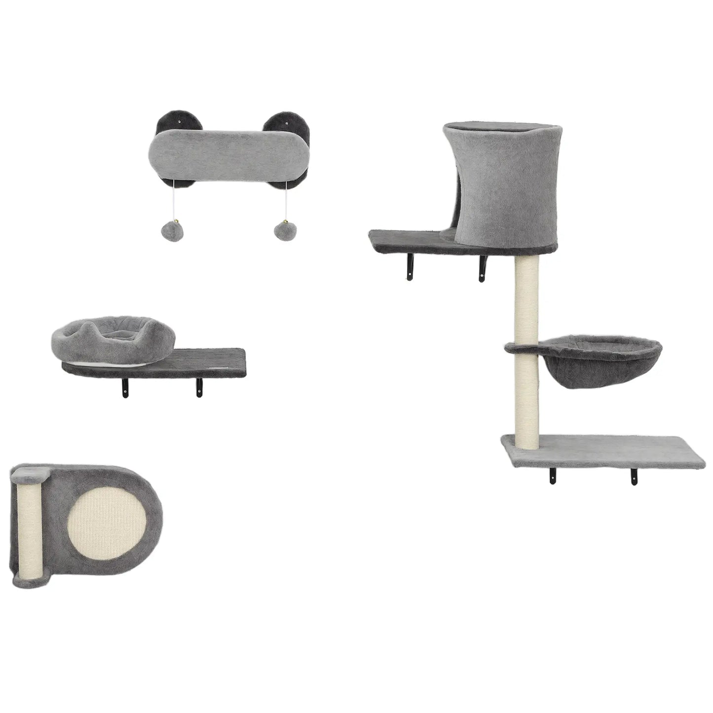 4Pcs Cat Wall Shelves with Scratching Post, Pad, Hammock, Bed Cat Climbing Wall Grey, Black, Beige at Gallery Canada