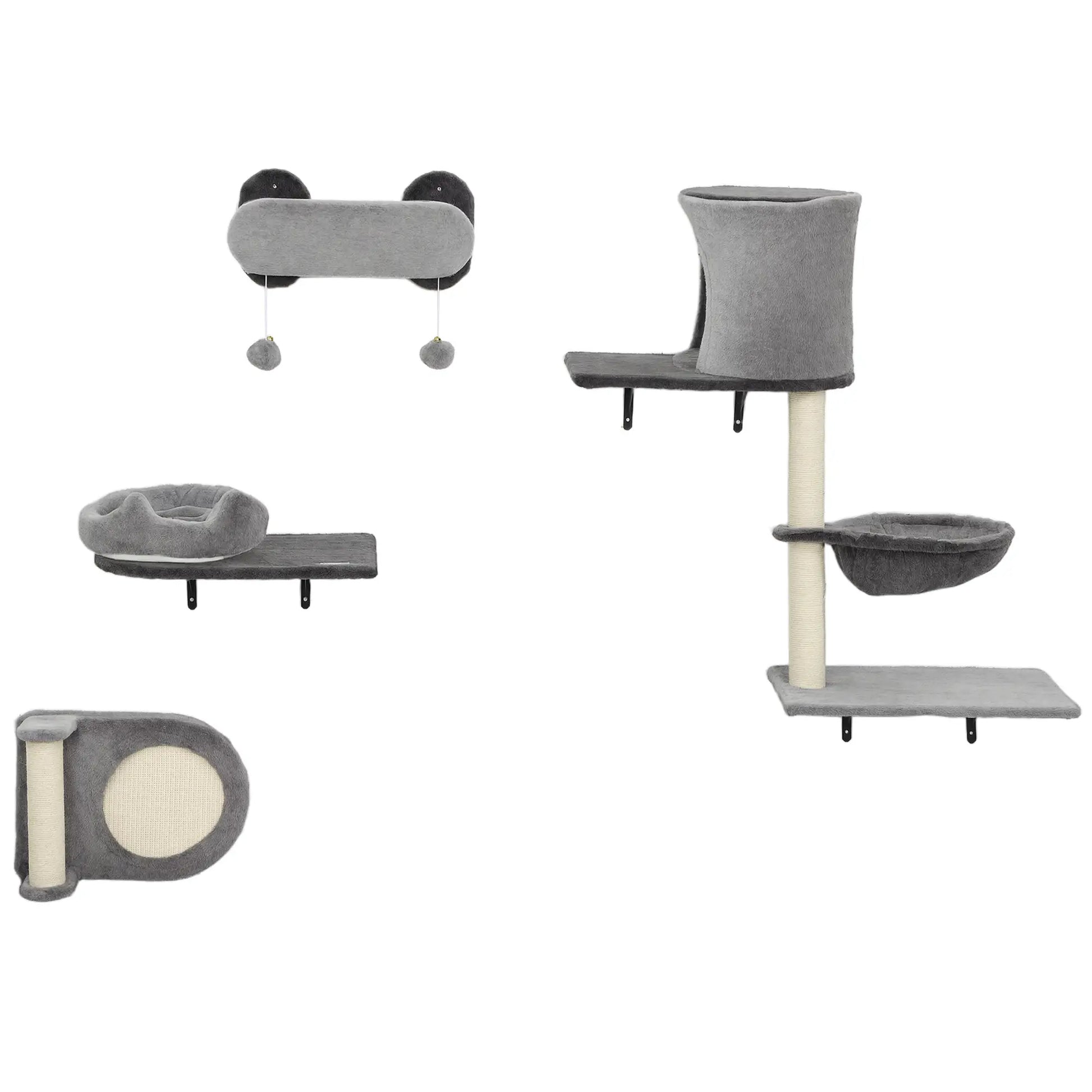 4Pcs Cat Wall Shelves with Scratching Post, Pad, Hammock, Bed Cat Climbing Wall Grey, Black, Beige at Gallery Canada