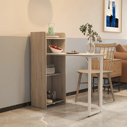 2 In 1 Folding Drop Leaf Table, 4-Tier Shelf, Oak Bar Tables & Dining Tables Oak wood color board, White frame at Gallery Canada