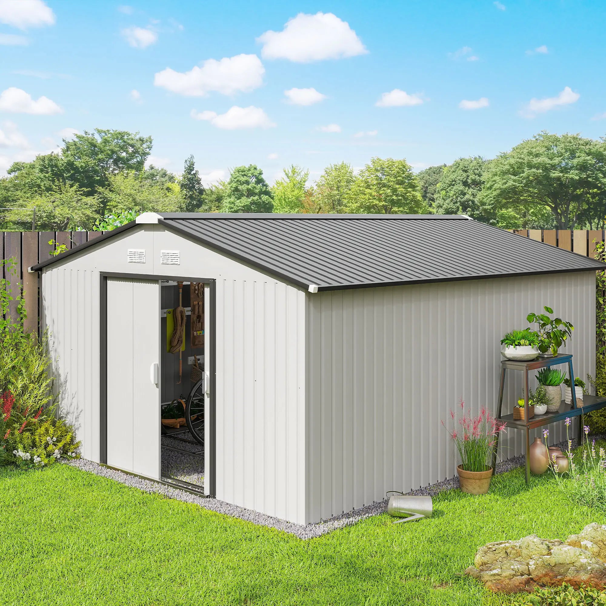 11' x 13' Garden Storage Shed, Metal, Double Doors, White Sheds at Gallery Canada