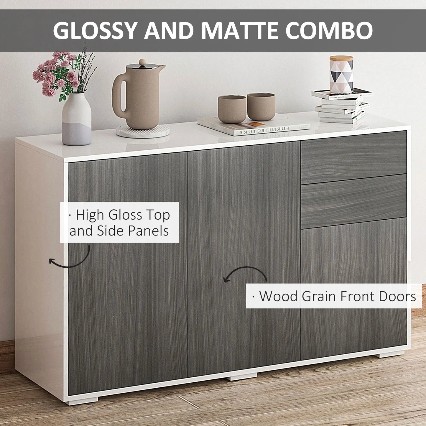 Modern Kitchen Sideboard, Coffee Bar with 2 Drawers, Light Grey Kitchen Pantry Cabinets at Gallery Canada