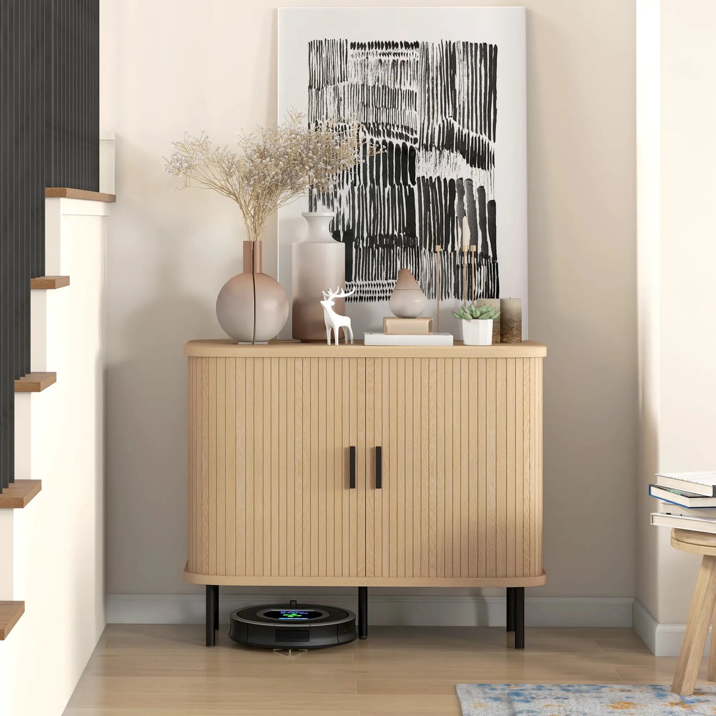 35.4" Sideboard Buffet Cabinet, Nordic Coffee Bar, Slatted Tambour Doors, Oak Storage Cabinets at Gallery Canada