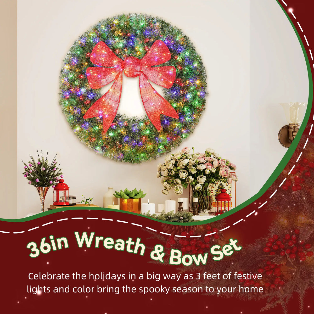 36in Pre-Lit Christmas Wreath, 3D Red Bow, 11 Lighting Modes, Remote, Red Christmas Wreaths at Gallery Canada