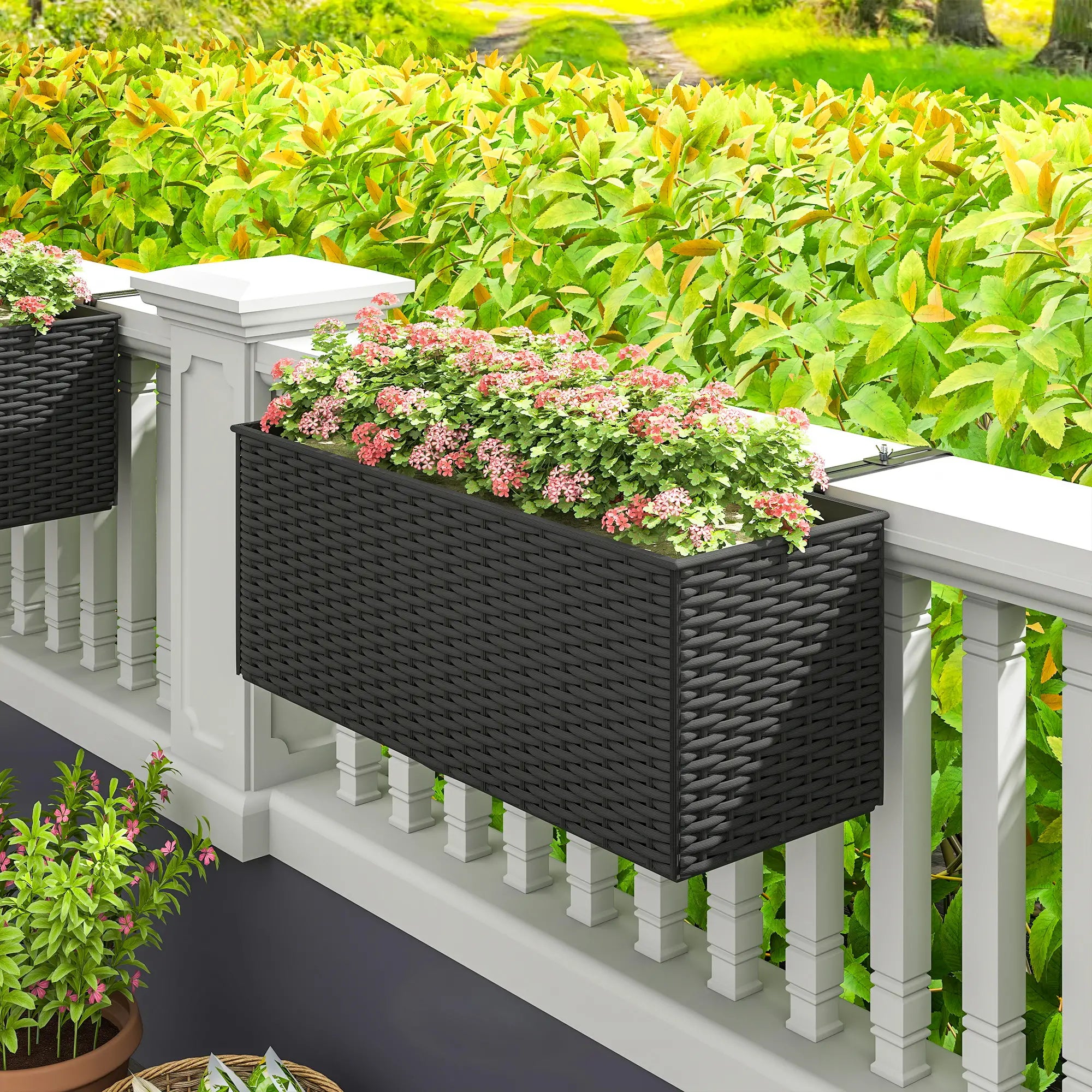 2 Pack 20 Inch Self-Watering Hanging Pots, Railing Planter, Rattan Look, Black Garden Accessories at Gallery Canada