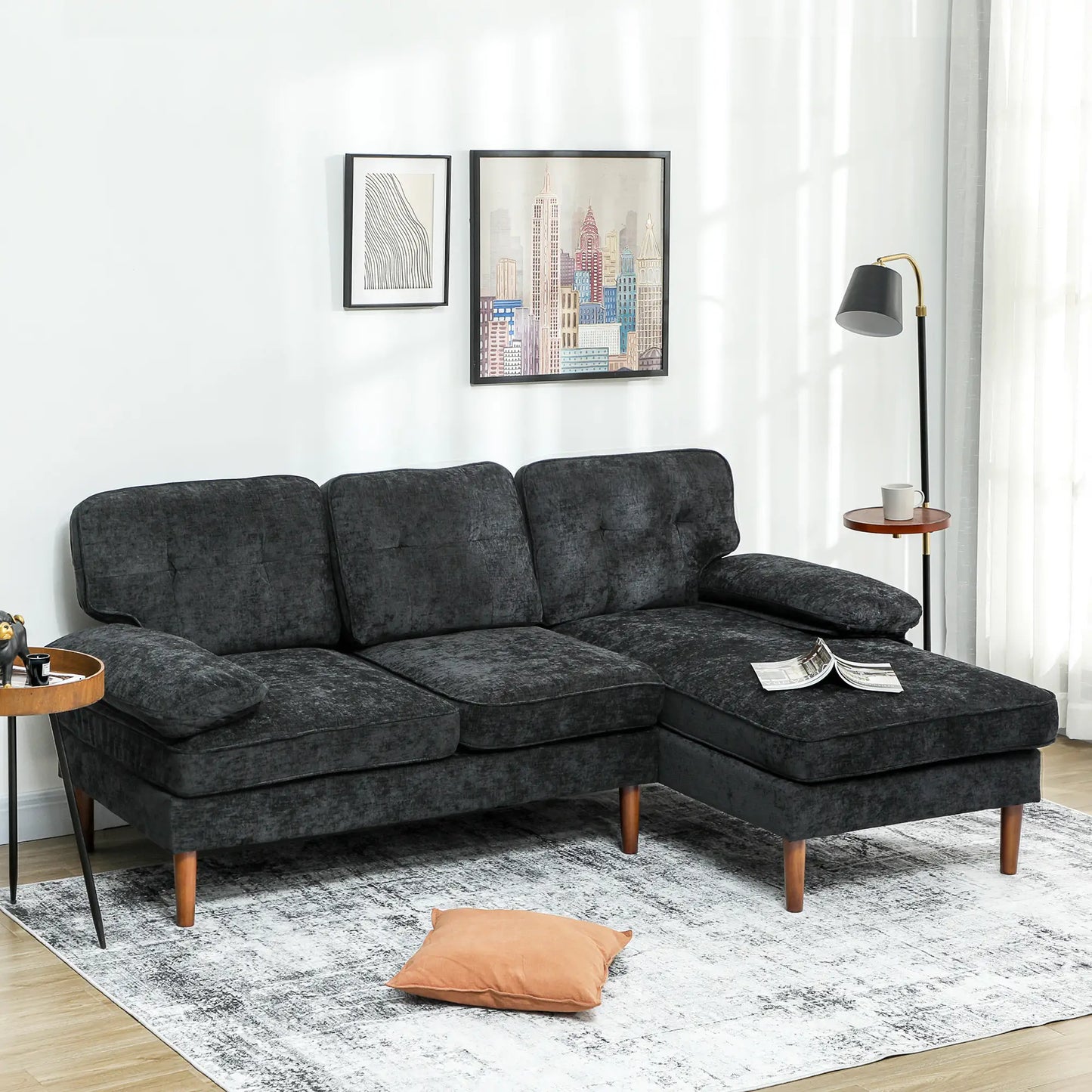 Modern Corner Couch, Right Chaise Lounge, Tufted 3-Seater Sofa, Wooden Legs, Black 3-Seater Sofas at Gallery Canada