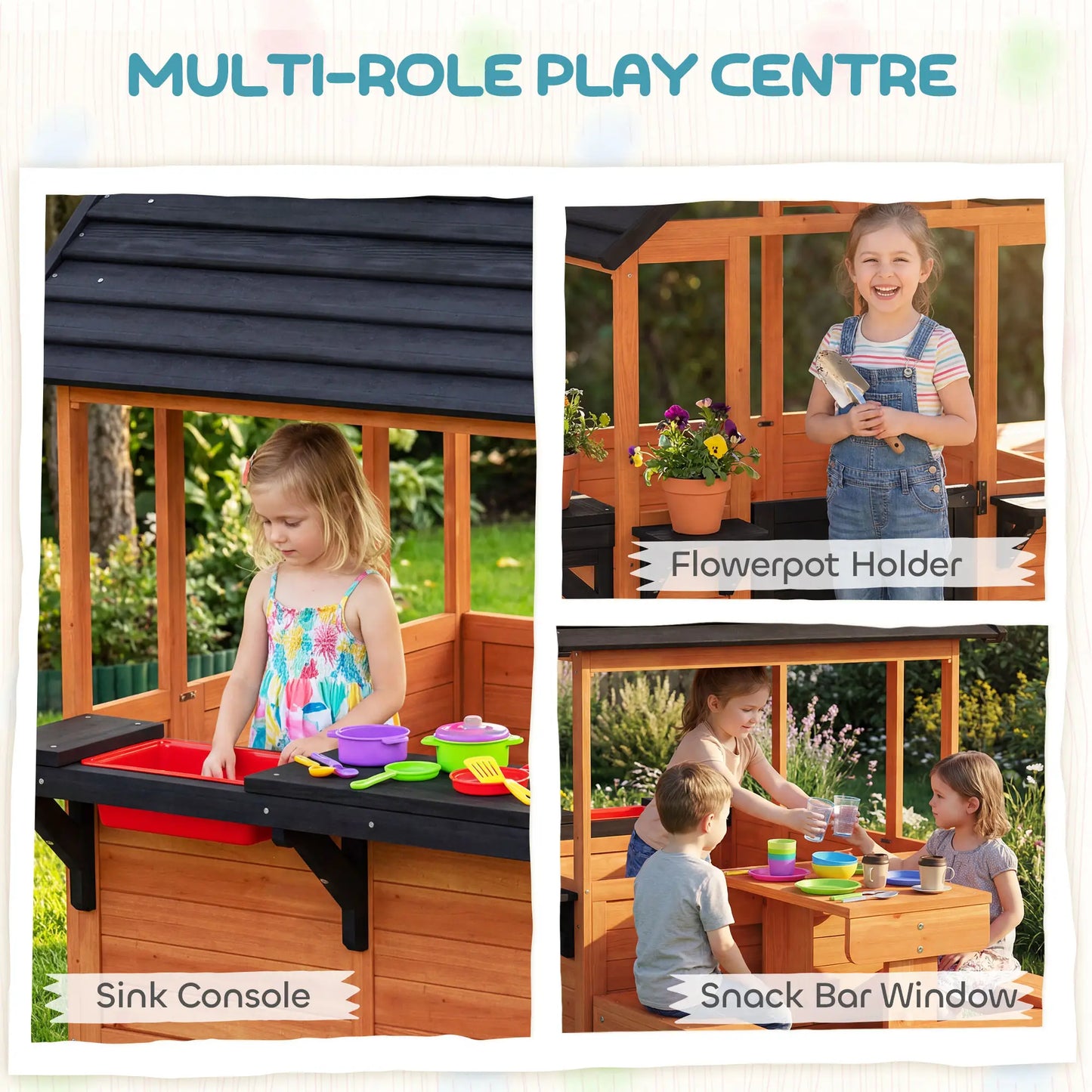 Wooden Playhouse With Table, Benches, Sink, Windows, Flowerpot Holders, Brown Play Houses at Gallery Canada