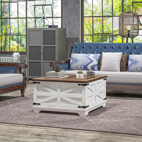 Farmhouse Coffee Table, Square Flip-Top Lid, Hidden Storage, White