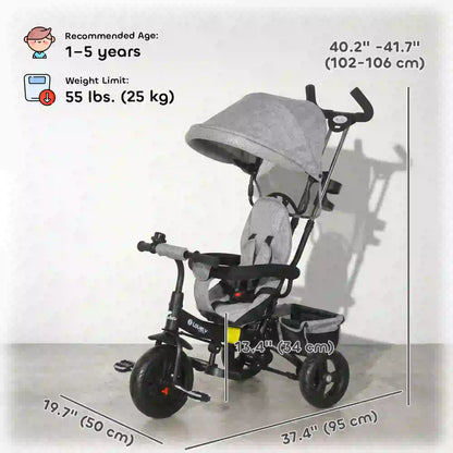 6 in 1 Toddler Tricycle Stroller, Basket, Canopy, 5-Point Harness, 12-60 Months, Grey Tricycles for Kids at Gallery Canada