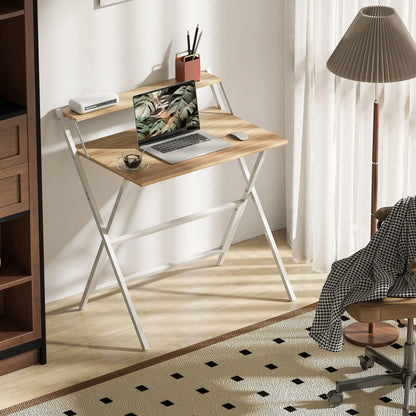 32" Folding Computer Desk with Monitor Shelf, Natural Wood Office Desks & Work Stations at Gallery Canada