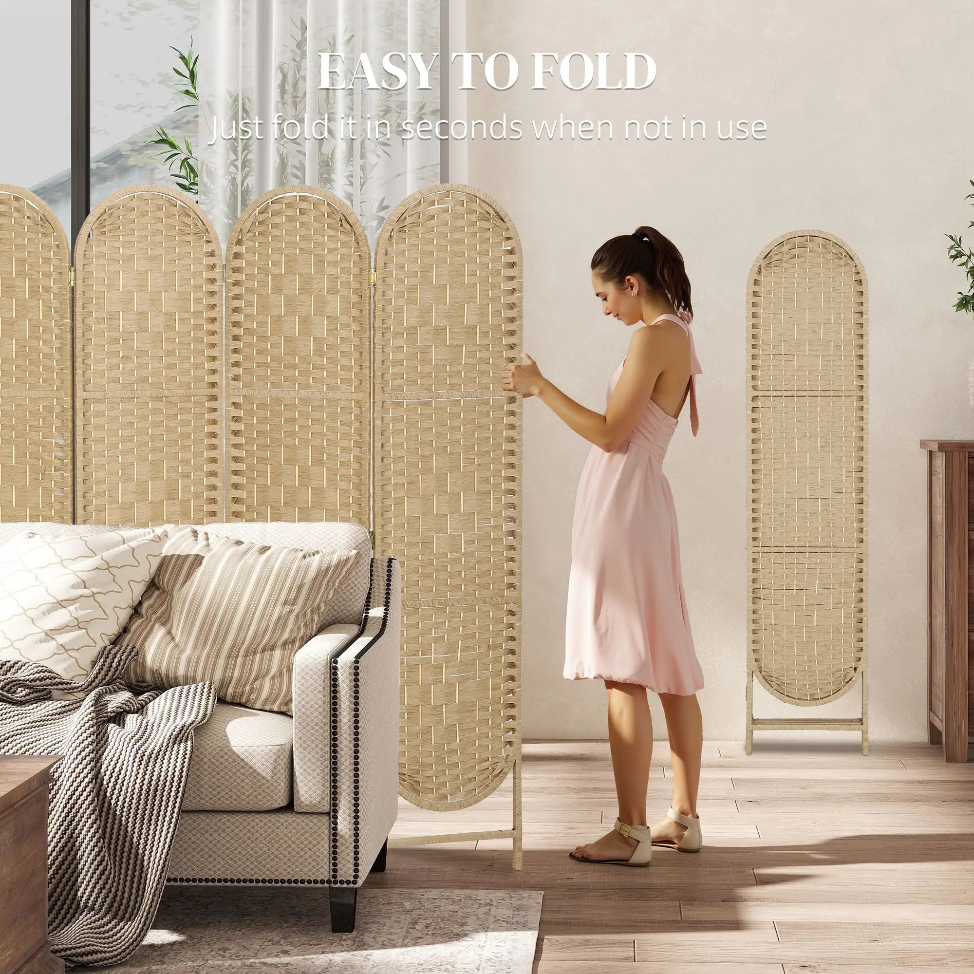 Bohemian Privacy Screen, 4 Panel Folding Room Divider, Arched Top, Natural Wood Room Dividers at Gallery Canada