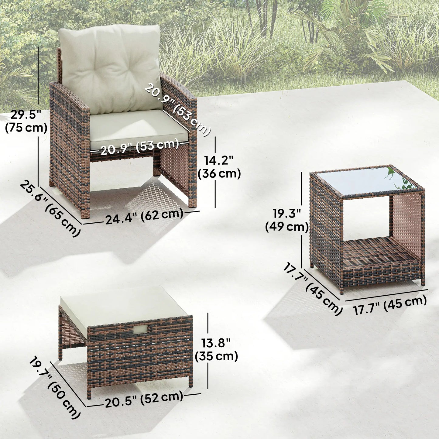 5 Piece Patio Set, Wicker Chairs With Ottomans, Glass Coffee Table, Brown Cream Patio Furniture Sets at Gallery Canada