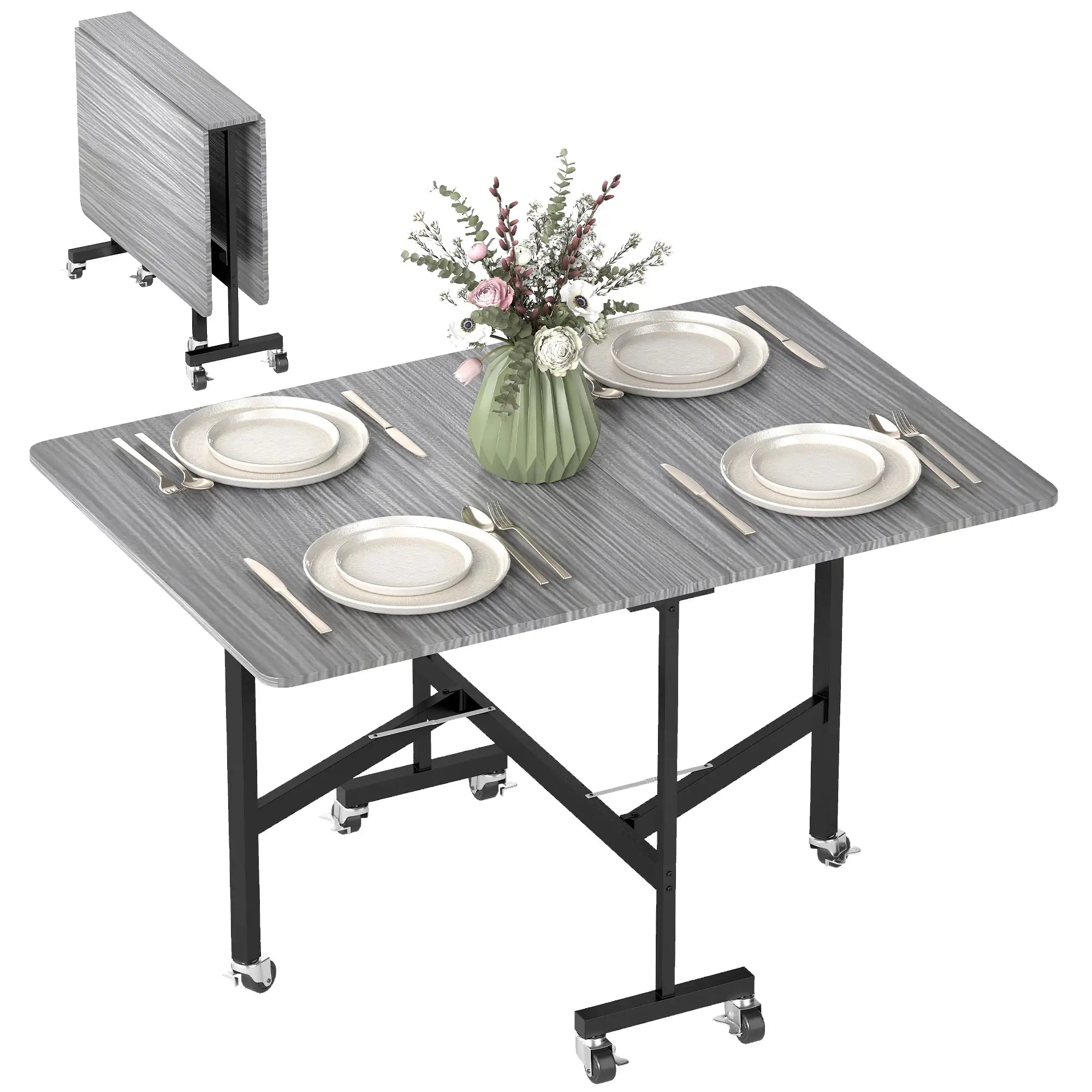 6-Seater Drop-Leaf Dining Table With Wheels, Grey, Grey Dining Tables at Gallery Canada