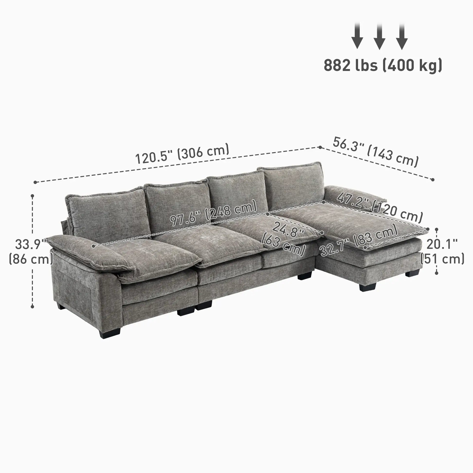 Chenille L-Shaped Sofa with Chaise Lounge, Double-Layer Seat Cushion, Grey Sofas & Reclining Chairs at Gallery Canada