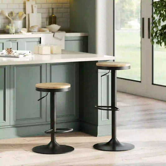 Wood Swivel Barstools Set Of 2, Adjustable Height, Natural Wood And Black, Black Bar Stools Natural Wood, Black at Gallery Canada