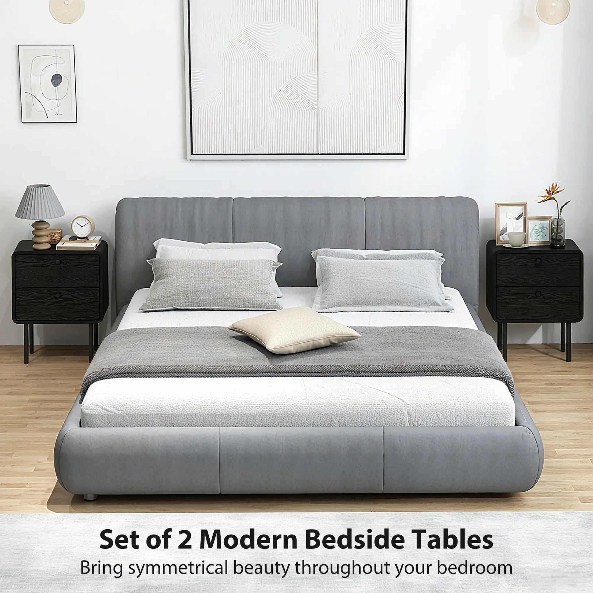 Modern Bedside Tables Set of 2, 2 Drawers, Steel Legs, Black Wood Grain, Black Bedside Tables at Gallery Canada