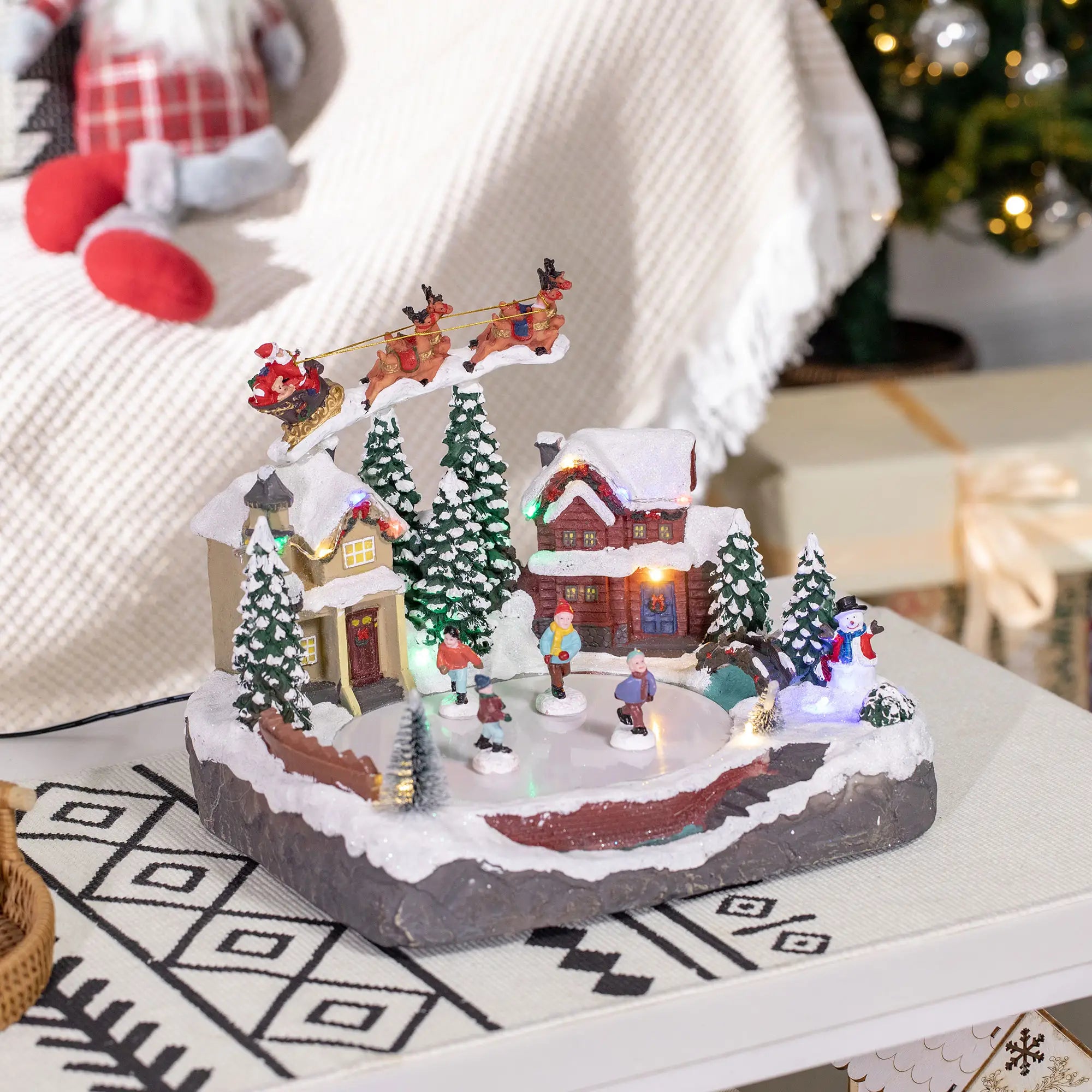 Animated Christmas Village Set, Santa Deer Skating Pond, LED Light, Multicolored Christmas Village Houses at Gallery Canada