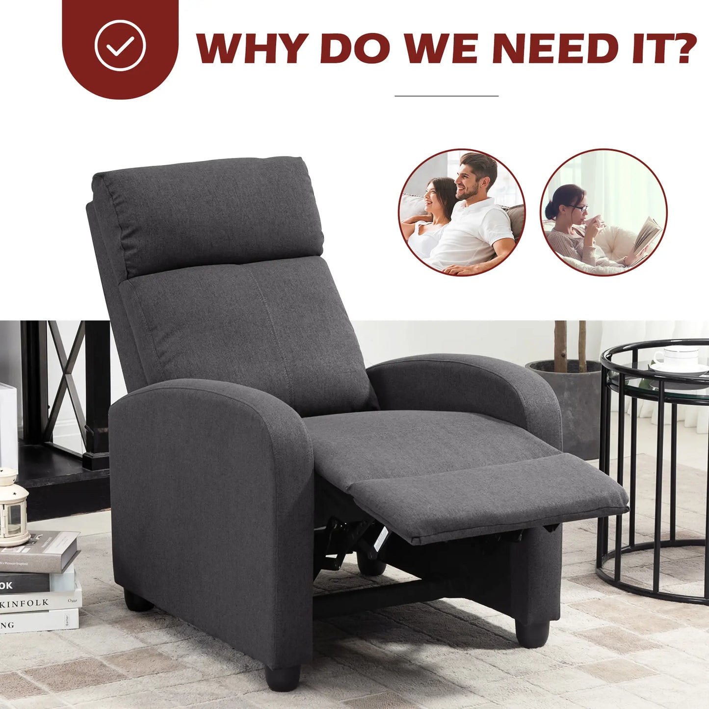 Manual Fabric Recliner Chair, Home Theater Seating, Dark Grey Single Sofas at Gallery Canada