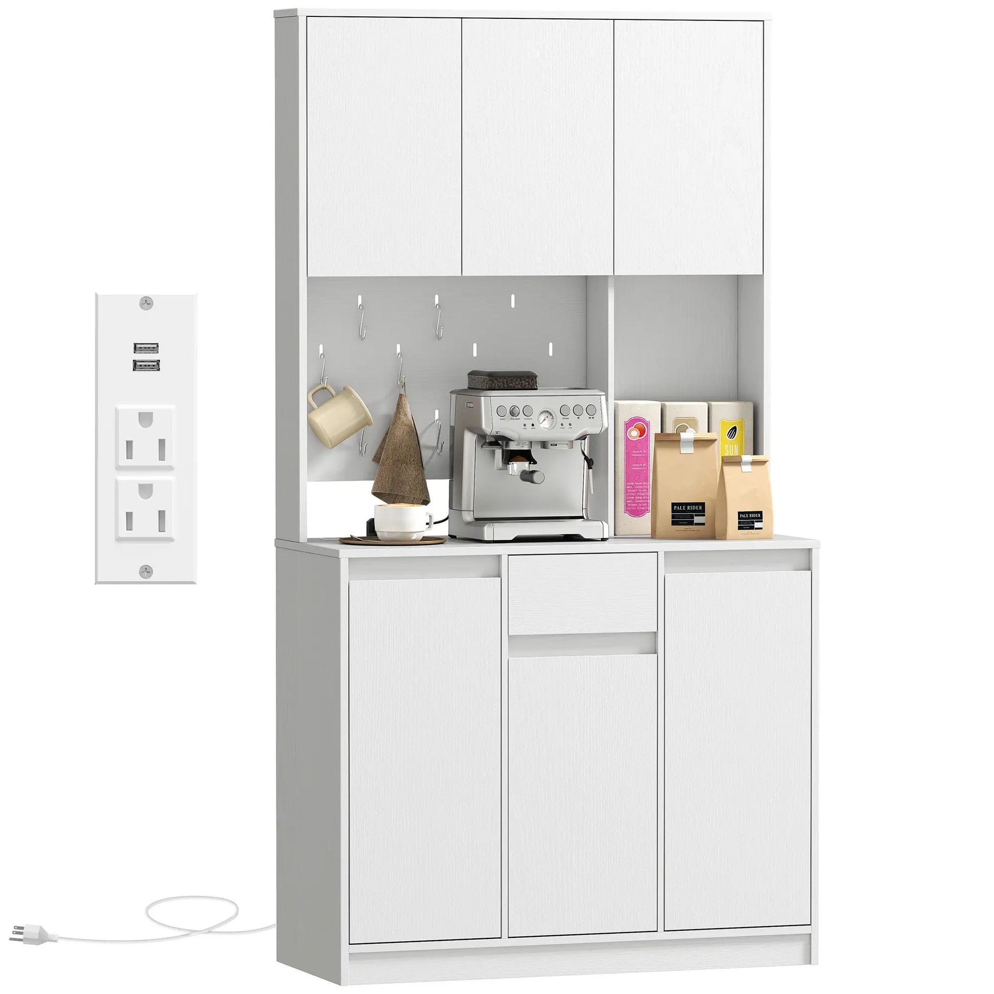 71 Inch Pantry Cabinet with Charging Station, Microwave Stand, Pegboard, White Kitchen Pantry Cabinets at Gallery Canada