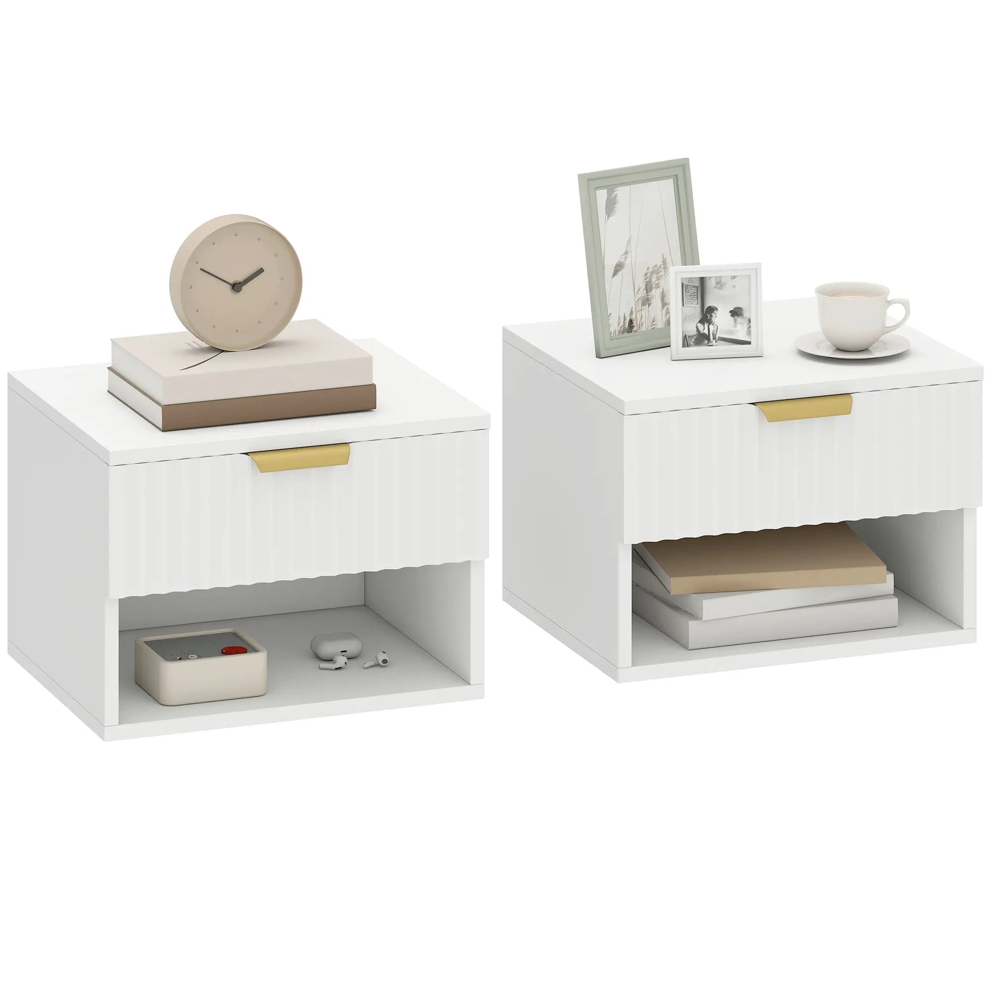 Floating Nightstands, Set of 2 with Drawer and Shelf, White Bedside Tables at Gallery Canada