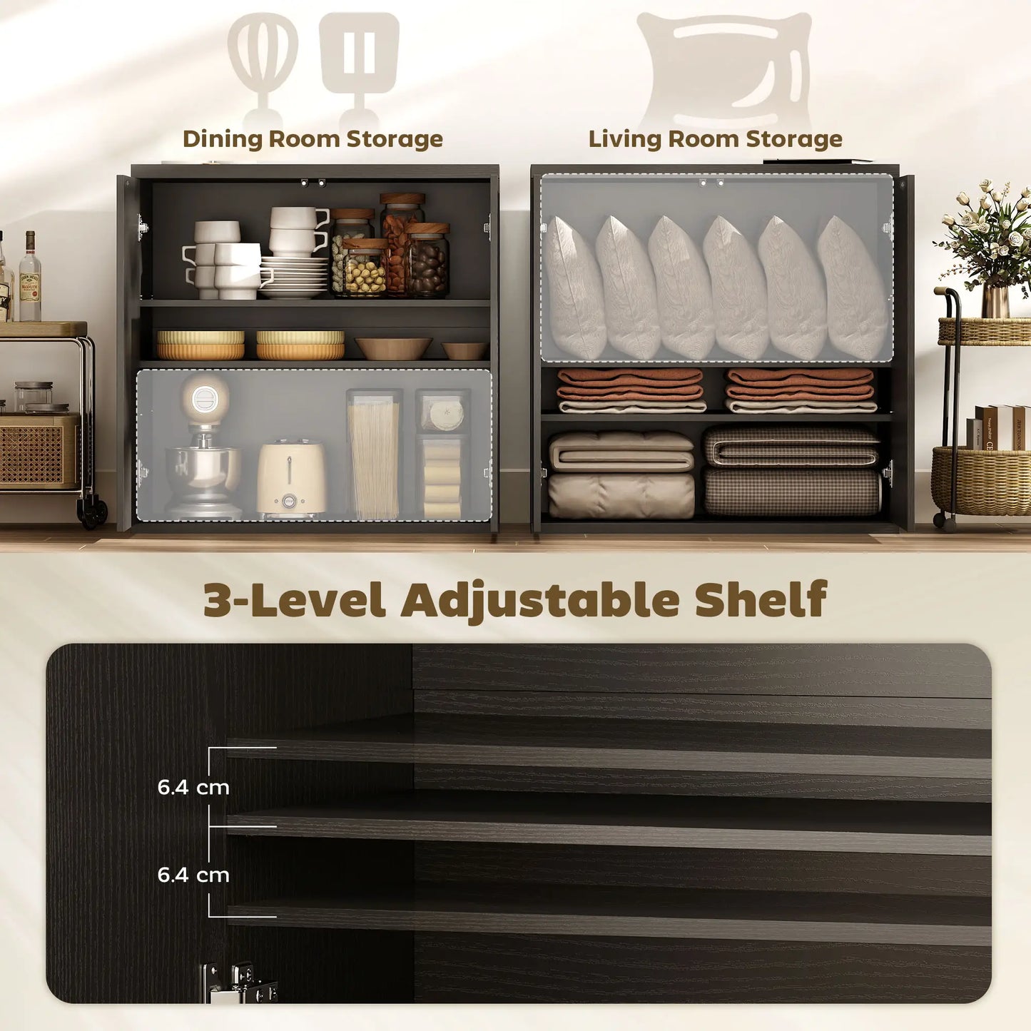 Sideboard Buffet Cabinet, 30.7", Distressed Black Grey Bar Cabinets at Gallery Canada